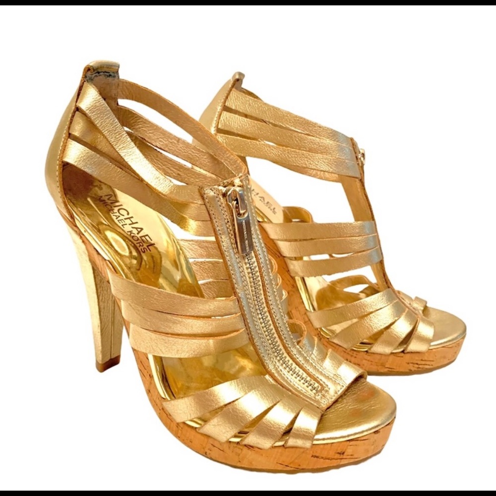 💜 Michael Kors Robertson Metallic Gold Sandal Heel 💜 - Picture 4 of 16